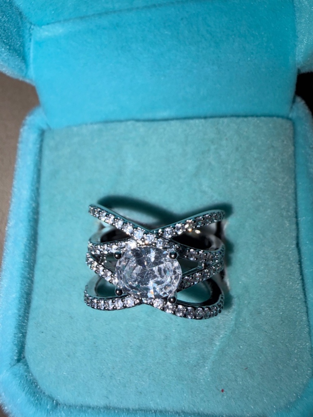 Oval White Sapphire Infinity Ring: Crossover Eternity, 14kt White Gold/Silver